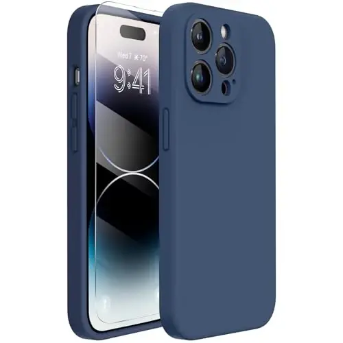Miracase Designed for iPhone 14 Pro Case with Screen Protector, [Upgraded Camera Protection], Shockproof Liquid Silicone Rubber Phone Case Cover for 14 Pro 6.1 inch, Dark Blue 