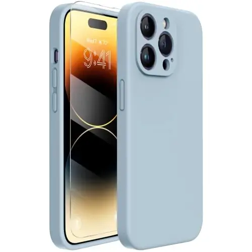 Miracase Designed for iPhone 14 Pro Case with Screen Protector, [Upgraded Camera Protection], Shockproof Liquid Silicone Rubber Phone Case Cover for 14 Pro 6.1 inch, Light Green - MIRACASE