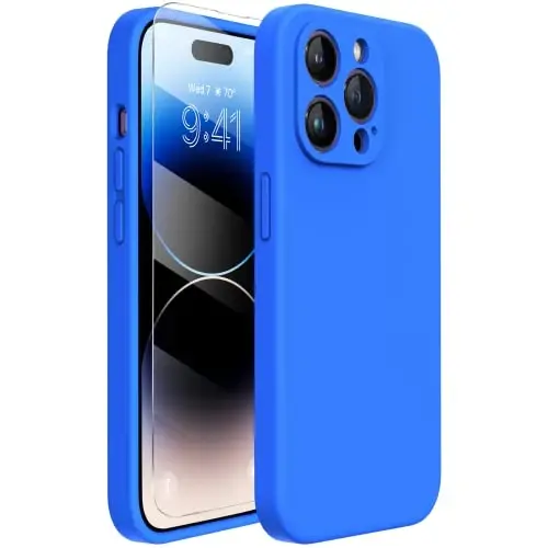 Miracase Designed for iPhone 14 Pro Case with Screen Protector, [Upgraded Camera Protection], Shockproof Liquid Silicone Rubber Phone Case Cover for 14 Pro 6.1 inch, Mediterranean Blue 