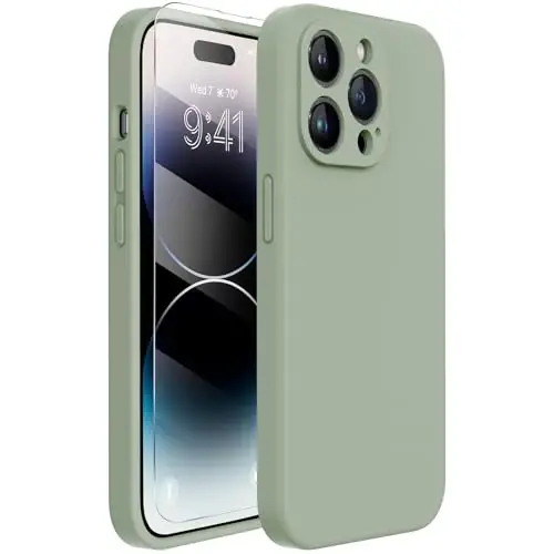 Miracase Designed for iPhone 14 Pro Case with Screen Protector, [Upgraded Camera Protection], Shockproof Liquid Silicone Rubber Phone Case Cover for 14 Pro 6.1 inch, Patina Green - MIRACASE