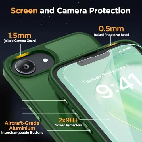 Miracase для чехла iPhone 16e и iPhone 17e с MagSafe [с 2 защитными стеклами 9H+] TOP Военная защита Ударопрочный с бархатным покрытием для чехла для телефона iPhone 16e/17e 6,1 дюйма, темно-зеленый 