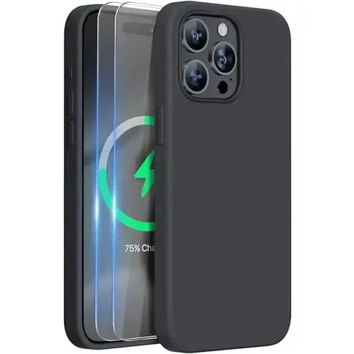 Miracase for iPhone 15 Pro Max Case, [with 2X Screen Protectors], MagSafe bilan mos keladigan, suyuq silikon g'ilof zarbga chidamli tushishdan himoya qiluvchi telefon g'ilofi 15 Pro Max uchun, qora magnitli - 1