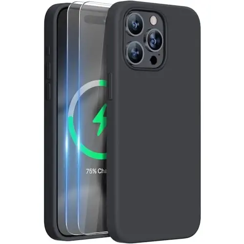 Miracase for iPhone 15 Pro Max Case, [with 2X Screen Protectors], MagSafe bilan mos keladigan, suyuq silikon g'ilof zarbga chidamli tushishdan himoya qiluvchi telefon g'ilofi 15 Pro Max uchun, qora magnitli 