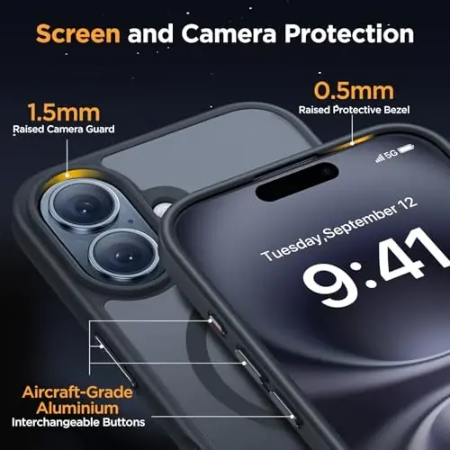 Miracase for iPhone 16 Plus Matte Series Case, Magnetic, Black | Velvet Touch | Military-Grade Protection | Anti-Fingerprint | 6,7 Inch - 5