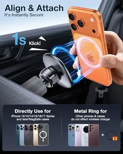 Miracase for MagSafe Car Mount with Metal Hook Clip, Magnetic Phone Holders for Car Phone Holder, Compatible with Garmin GPS Fit iPhone Android and All Smartphones, Dark Black - 4