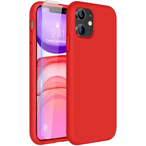 Miracase Designed for iPhone 11 Phone Case, with Screen Protector, Liquid Silicone Gel Rubber Full Body Drop Protection Shockproof Cover Phone Case for iPhone 11 6.1 inch, Red 