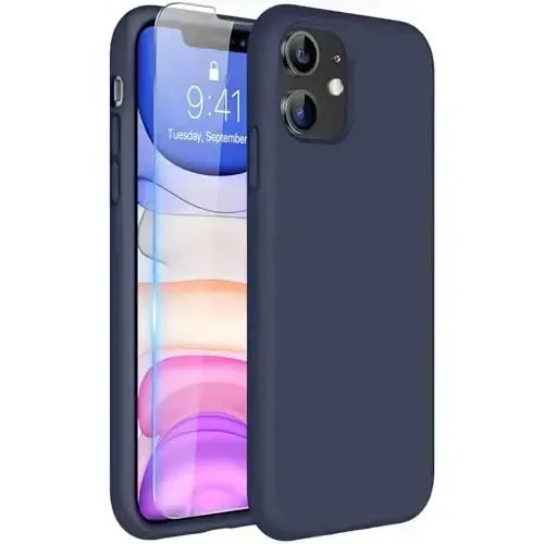 Miracase Designed for iPhone 11 Phone Case, with Screen Protector, Liquid Silicone Gel Rubber Full Body Drop Protection Shockproof Cover Phone Case for iPhone 11 6.1 inch, Navy Blue - MIRACASE