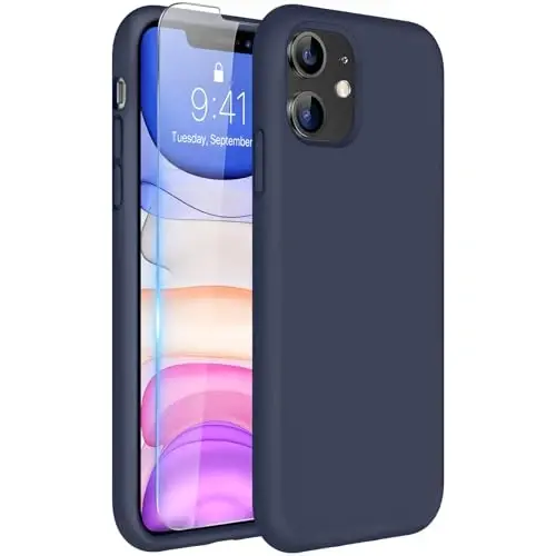 Miracase Designed for iPhone 11 Phone Case, with Screen Protector, Liquid Silicone Gel Rubber Full Body Drop Protection Shockproof Cover Phone Case for iPhone 11 6.1 inch, Navy Blue - 1
