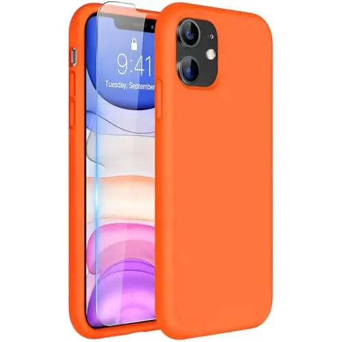 Miracase Designed for iPhone 11 Phone Case, with Screen Protector, Liquid Silicone Gel Rubber Full Body Drop Protection Shockproof Cover Phone Case for iPhone 11 6.1 inch, Orange 