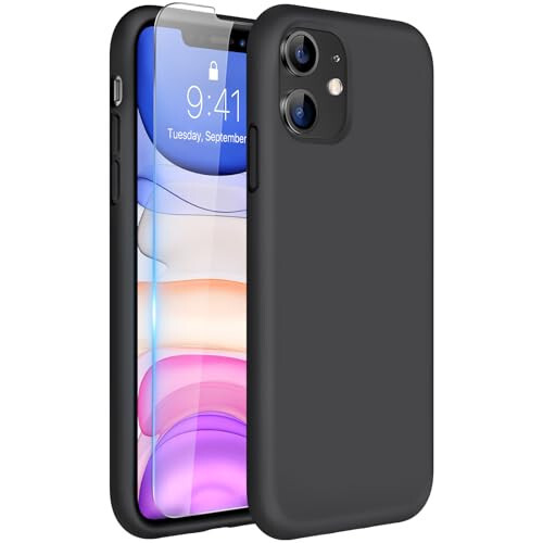 Miracase Designed for iPhone 11 Phone Case, with Screen Protector, Liquid Silicone Gel Rubber Full Body Drop Protection Shockproof Cover Phone Case for iPhone 11 6.1 inch, Black 