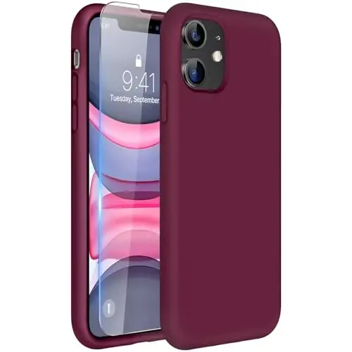 Miracase iPhone 11 uchun mo'ljallangan telefon g'ilofi, ekran himoyachisi bilan, suyuq silikon gel kauchuk to'liq tanani tushishdan himoya qiluvchi zarbga chidamli qopqoq iPhone 11 6.1 dyuym uchun, vino qizil - MIRACASE