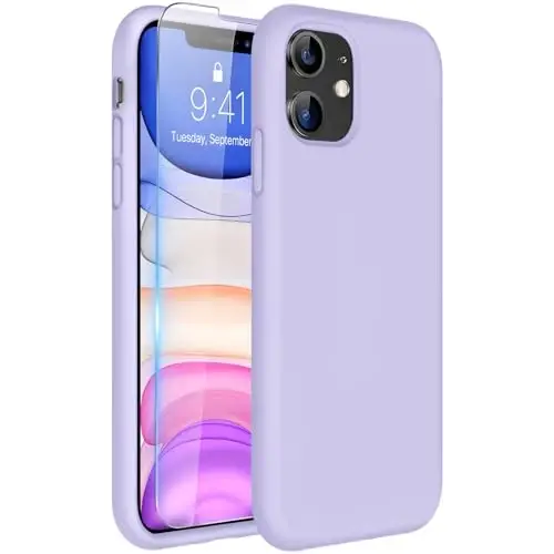 Miracase iPhone 11 uchun mo'ljallangan telefon g'ilofi, ekran himoyachisi bilan, suyuq silikon gel rezina to'liq tanani tushishdan himoya qiluvchi zarbga chidamli g'ilof iPhone 11 6.1 dyuym uchun, och binafsha - 1