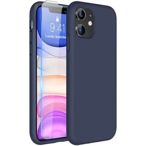 Miracase iPhone 11 uchun mo'ljallangan telefon g'ilofi, ekran himoyasi bilan, suyuq silikon jel kauchuk to'liq tana tomchidan himoya qiluvchi zarbga chidamli qopqoq iPhone 11 6.1 dyuym uchun, to'q ko'k 