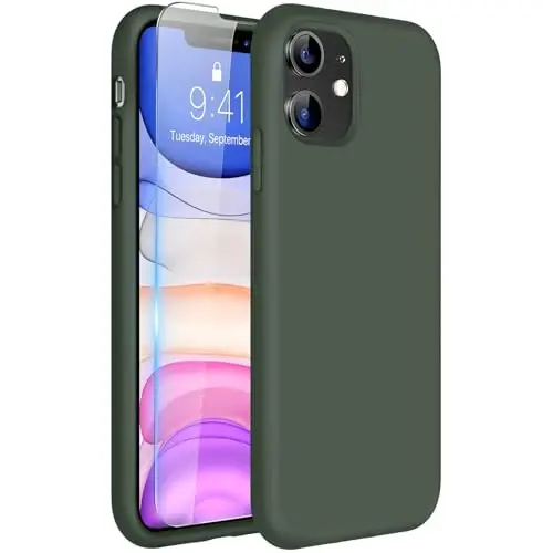 Miracase iPhone 11 uchun mo'ljallangan telefon qutisi, ekran himoyachisi, suyuq silikon gel rezina to'liq tanani tushishdan himoya zarba o'tkazmaydigan qopqoq iPhone 11 6.1 dyuym, to'q yashil 