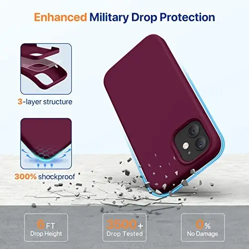 Miracase iPhone 12 va iPhone 12 Pro bilan mos keladi, suyuq silikon gel rezina to'liq tanani himoya qiladi zarbga chidamli tomchidan himoya qiluvchi telefon qutisi iPhone 12/12 Pro 6.1 dyuym, vino qizil - 4