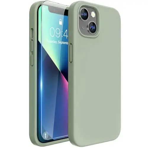 Miracase iPhone 13 Kılıf ile Uyumlu, Temperli Cam Ekran Koruyuculu, [Yumuşak Çizilmez Mikrofiber Astar], 13 6.1 inç için Darbeye Dayanıklı Sıvı Silikon Kauçuk Telefon Kılıfı, Patina Yeşili - 1