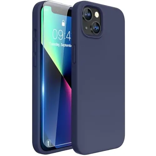 Miracase Designed for iPhone 13 Case, with Tempered Glass Screen Protector, [Soft Anti-Scratch Microfiber Lining], Shockproof Liquid Silicone Rubber Phone Cover Case for 13 6.1 inch, Dark Blue - MIRACASE