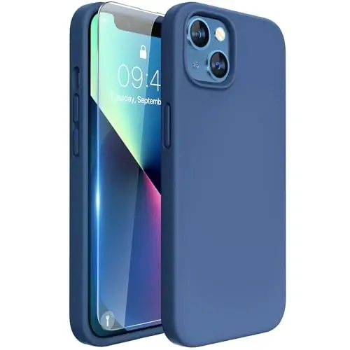 Miracase Designed for iPhone 13 Case, with Tempered Glass Screen Protector, [Soft Anti-Scratch Microfiber Lining], Shockproof Liquid Silicone Rubber Phone Case Cover for 13 6.1 inch, Glass Blue - MIRACASE