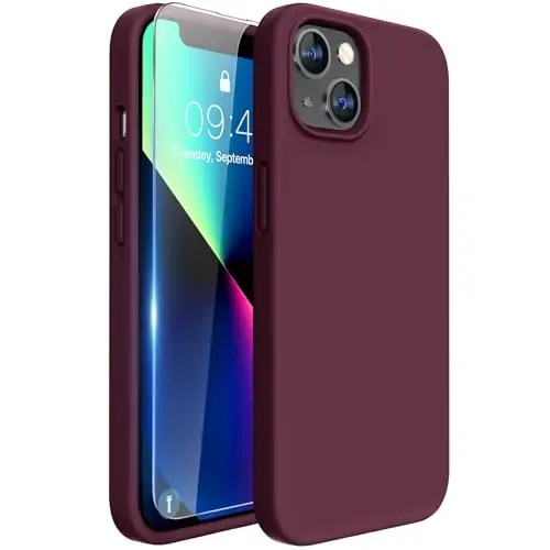 Miracase Designed for iPhone 13 Case, with Tempered Glass Screen Protector, [Soft Anti-Scratch Microfiber Lining], Shockproof Liquid Silicone Rubber Phone Case Cover for 13 6.1 inch, Wine Red 