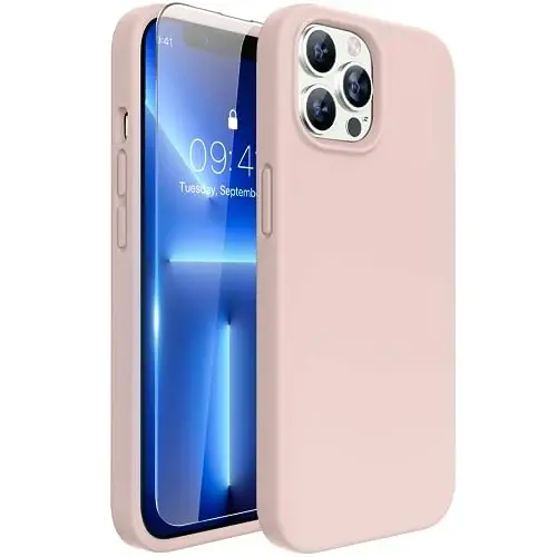 Miracase Designed for iPhone 13 Pro Case, with Tempered Glass Screen Protector, [Soft Anti-Scratch Microfiber Lining], Shockproof Liquid Silicone Phone Case Cover for 13 Pro 6.1 inch, Sand Pink 