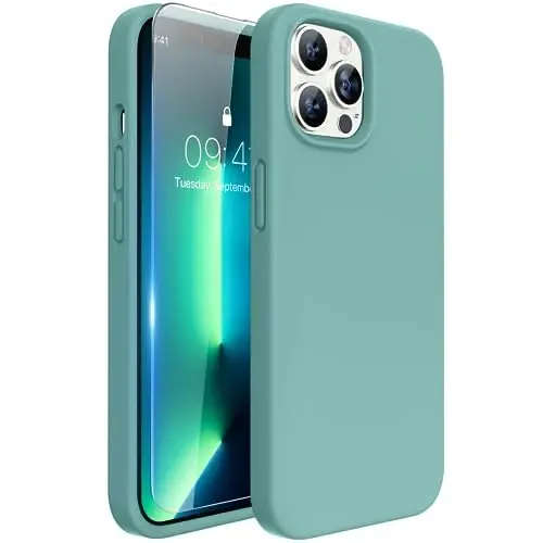 Miracase Designed for iPhone 13 Pro Case, with Tempered Glass Screen Protector, [Soft Anti-Scratch Microfiber Lining], Shockproof Liquid Silicone Phone Case Cover for 13 Pro 6.1 inch, Midnight Green - 1
