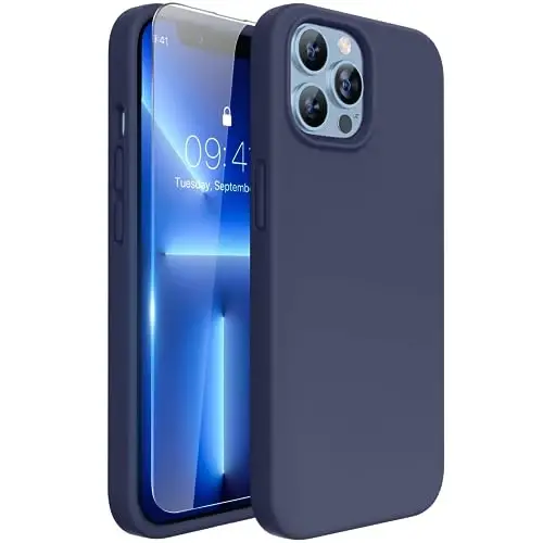 Miracase iPhone 13 Pro Max Kılıfı Ekran Koruyuculu,[Yumuşak Çizilmez Mikrofiber Astar],Darbeye Dayanıklı Sıvı Silikon Kauçuk Telefon Kılıfı 6.7 inç, Koyu Mavi 