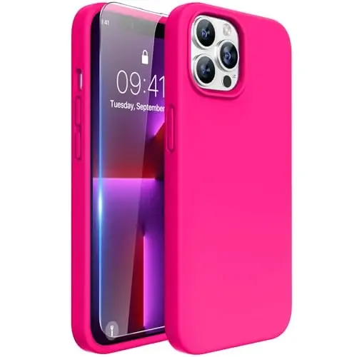 Miracase Designed for iPhone 13 Pro Max Case with Screen Protector,[Soft Anti-Scratch Microfiber Lining],Shockproof Liquid Silicone Rubber Phone Case Cover 6.7 inch, Hot Pink 