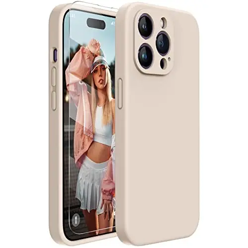Miracase Designed for iPhone 14 Pro Case with Screen Protector, [Upgraded Camera Protection], Shockproof Liquid Silicone Rubber Phone Case Cover for 14 Pro 6.1 inch, Bean Grey - 1