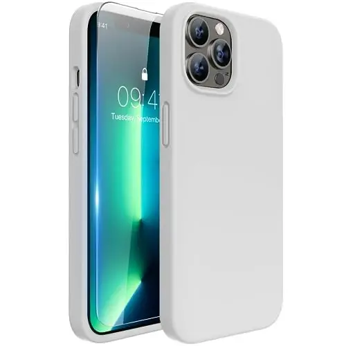 Miracase iPhone 13 Pro Max Kılıfı için Ekran Koruyuculu Tasarlandı,[Yumuşak Çizilmez Mikrofiber Astar],Darbeye Dayanıklı Sıvı Silikon Kauçuk Telefon Kılıfı Kaplaması 6.7 inç, Ay Işığı Beyazı 
