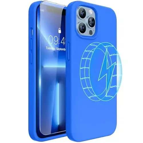 Miracase Designed for iPhone 13 Pro Max Case with Screen Protector,[Soft Anti-Scratch Microfiber Lining],Shockproof Liquid Silicone Rubber Phone Case Cover 6.7 inch, Magnetic Blue 