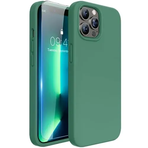 Miracase iPhone 13 Pro Max Kılıfı için Tasarlandı Ekran Koruyuculu,[Yumuşak Çizilmez Mikrofiber Astar],Darbeye Dayanıklı Sıvı Silikon Kauçuk Telefon Kılıfı Kaplaması 6.7 inç, Akasya Yeşili 