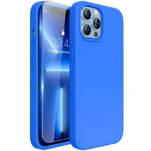 Miracase Designed for iPhone 13 Pro Max Case with Screen Protector,[Soft Anti-Scratch Microfiber Lining],Shockproof Liquid Silicone Rubber Phone Case Cover 6.7 inch, Mediterranean Blue - 1