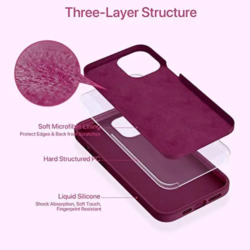 Miracase iPhone 13 Pro Max uchun ekran himoyachisi bilan g'ilof, [Yumshoq tirnalishga qarshi mikrofiber astar], zarbaga chidamli suyuq silikon rezina telefon g'ilofi 6,7 dyuym, to'q qizil - 2