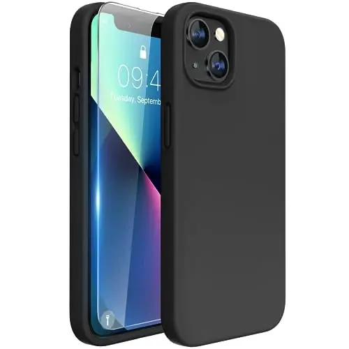 Miracase iPhone 13 uchun mo'ljallangan g'ilof, закалённое shisha ekran himoyachisi bilan, [Yumshoq chizishga qarshi mikrofiber astar], zarbga chidamli suyuq silikon kauchuk telefon qopqog'i 13 6.1 dyuym, qora 