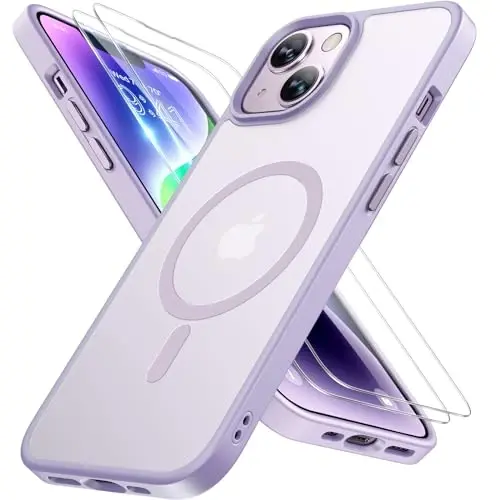 miracase Magnetic for iPhone 14 Case 6.1 inch (Compatible with MagSafe)（with 2X Screen Protectors） Military-Grade Protection, Anti-Fingerprint Translucent Matte Phone Case Cover, Light Purple 