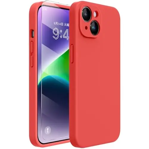 Miracase Designed for iPhone 14 Case with Screen Protector,[Upgraded Enhanced Camera Protection],Shockproof Liquid Silicone Case with Microfiber Lining, 6.1 inch, Coral Red - MIRACASE
