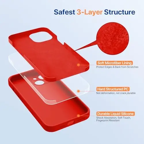 Miracase Designed for iPhone 14 Case with Screen Protector,[Upgraded Enhanced Camera Protection],Shockproof Liquid Silicone Case with Microfiber Lining, 6.1 inch, Red - 3