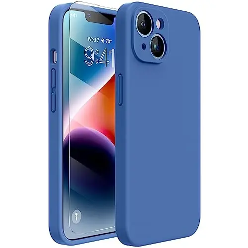 Miracase Designed for iPhone 14 Case with Screen Protector,[Upgraded Enhanced Camera Protection],Shockproof Liquid Silicone Case with Microfiber Lining, 6.1 inch,Azure Blue 
