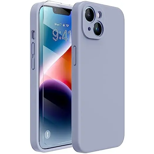 Miracase Designed for iPhone 14 Case with Screen Protector,[Upgraded Enhanced Camera Protection],Shockproof Liquid Silicone Case with Microfiber Lining, 6.1 inch,Lavender Grey 