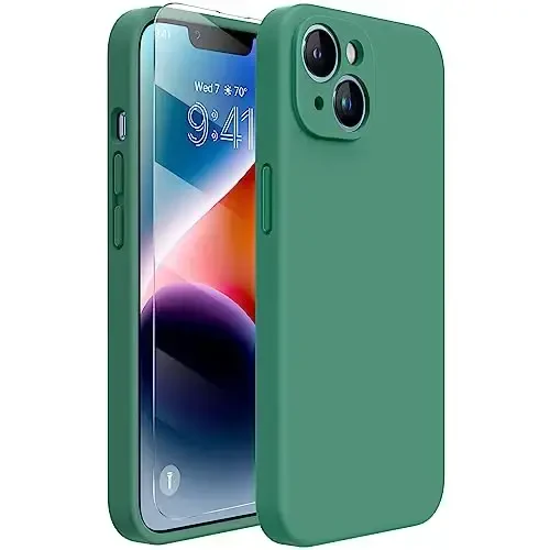 Miracase Designed for iPhone 14 Case with Screen Protector,[Upgraded Enhanced Camera Protection],Shockproof Liquid Silicone Case with Microfiber Lining, 6.1 inch,Acacia Green 