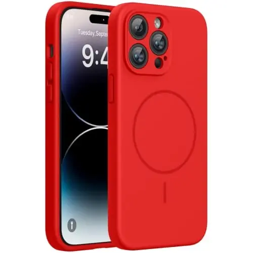 Miracase Designed for iPhone 14 Pro Case, [Upgraded Camera Protection], Shockproof Liquid Silicone Rubber Phone Case Cover for 14 Pro 6.1 inch, Red 