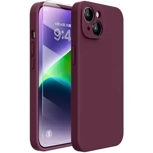 Miracase Designed for iPhone 14 Case with Screen Protector,[Upgraded Enhanced Camera Protection],Shockproof Liquid Silicone Case with Microfiber Lining, 6.1 inch, Wine Red - 1