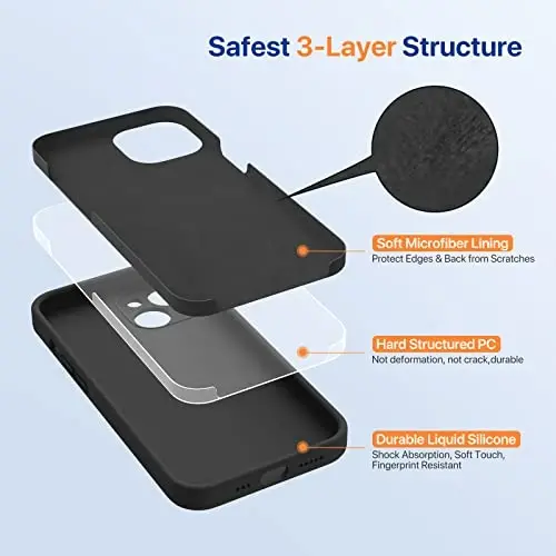 Miracase iPhone 14 Kılıfı için Tasarlandı Ekran Koruyuculu,[Yükseltilmiş Gelişmiş Kamera Koruması],Mikrofiber Astarlı Darbeye Dayanıklı Sıvı Silikon Kılıf, 6,1 inç,Siyah - 3