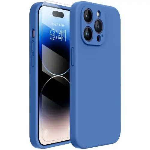 Miracase iPhone 14 Pro Kılıfı Ekran Koruyuculu, [Geliştirilmiş Kamera Koruması], Darbeye Dayanıklı Sıvı Silikon Telefon Kılıfı Kapak 14 Pro 6.1 inç için, Aqua Mavi 