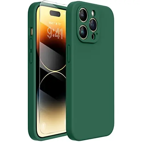 Miracase Designed for iPhone 14 Pro Case with Screen Protector, [Upgraded Camera Protection], Shockproof Liquid Silicone Rubber Phone Case Cover for 14 Pro 6.1 inch, Alpine Green - MIRACASE
