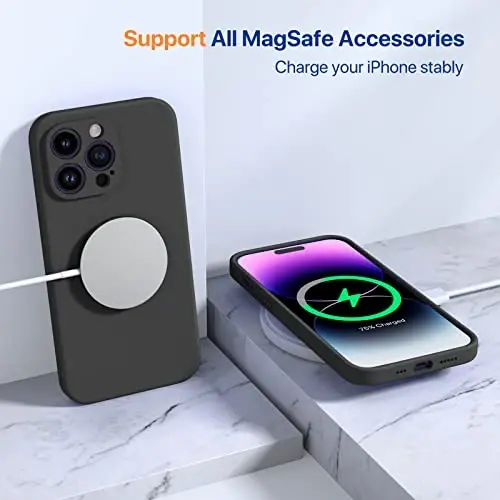 Miracase iPhone 14 Pro Kılıfı için Tasarlandı, Magsafe Uyumlu, 1 Adet Ekran Koruyucu, Darbeye Dayanıklı Sıvı Silikon Kauçuk Telefon Kılıfı, 14 Pro 6.1 inç için, Siyah Manyetik 