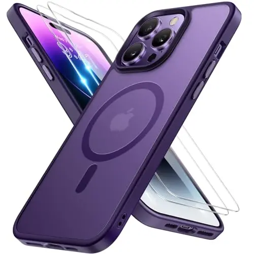Miracase Magnetic for iPhone 14 Pro Max Case 6.7 inch (Compatible with MagSafe)（with 2X Screen Protectors） Military-Grade Protection, Anti-Fingerprint Translucent Matte Phone Case Cover, Dark Purple - MIRACASE