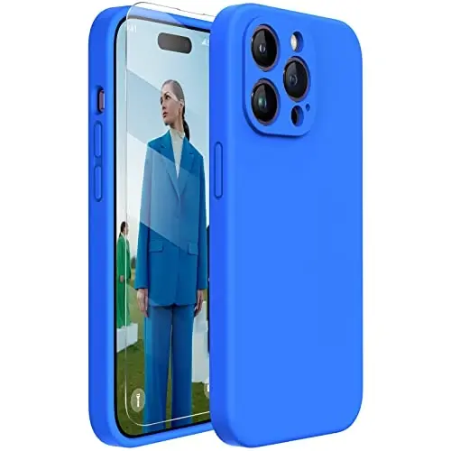 Miracase Designed for iPhone 14 Pro Max Phone Case with Screen Protector,[Upgraded Enhanced Camera Protection],Shockproof Liquid Silicone Case with Microfiber Lining,6.7 inch, Mediterranean Blue 
