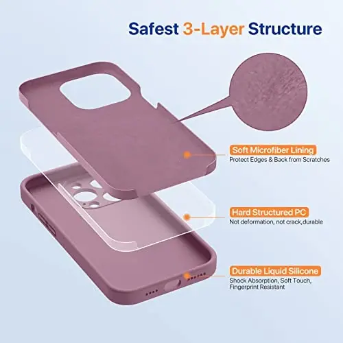 Miracase iPhone 14 Pro Max uchun ekran himoyachisi bilan telefon g‘ilofi, [Takomillashtirilgan kamera himoyasi], zarbga chidamli suyuq silikon g‘ilof mikrofiber astarli, 6,7 dyuym, qora smorodina - 4