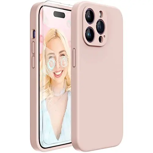 Miracase iPhone 14 Pro Max uchun ekran himoyachisi bilan telefon g'ilofi,[Kamera himoyasini yaxshilash],Mikrofiber qoplamali zarbga chidamli suyuq silikon g'ilof,6,7 dyuym, qumli pushti 